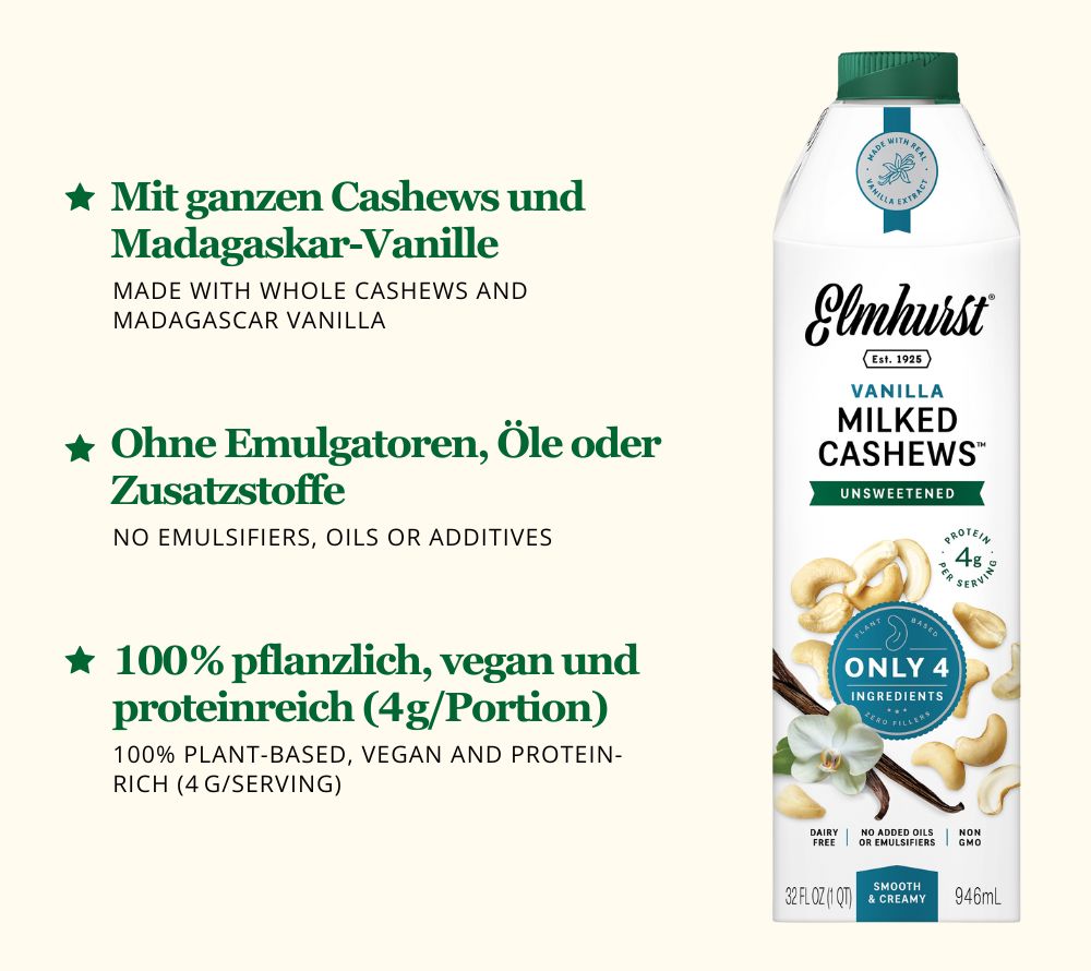 Ganze Cashews und Madagaskar-Vanille ☆ 4 g pflanzliches Eiweiß pro Portion ☆ Ohne Gums, Öle oder Emulgatoren ☆ Europaweiter Versand ☆ Jetzt bestellen!