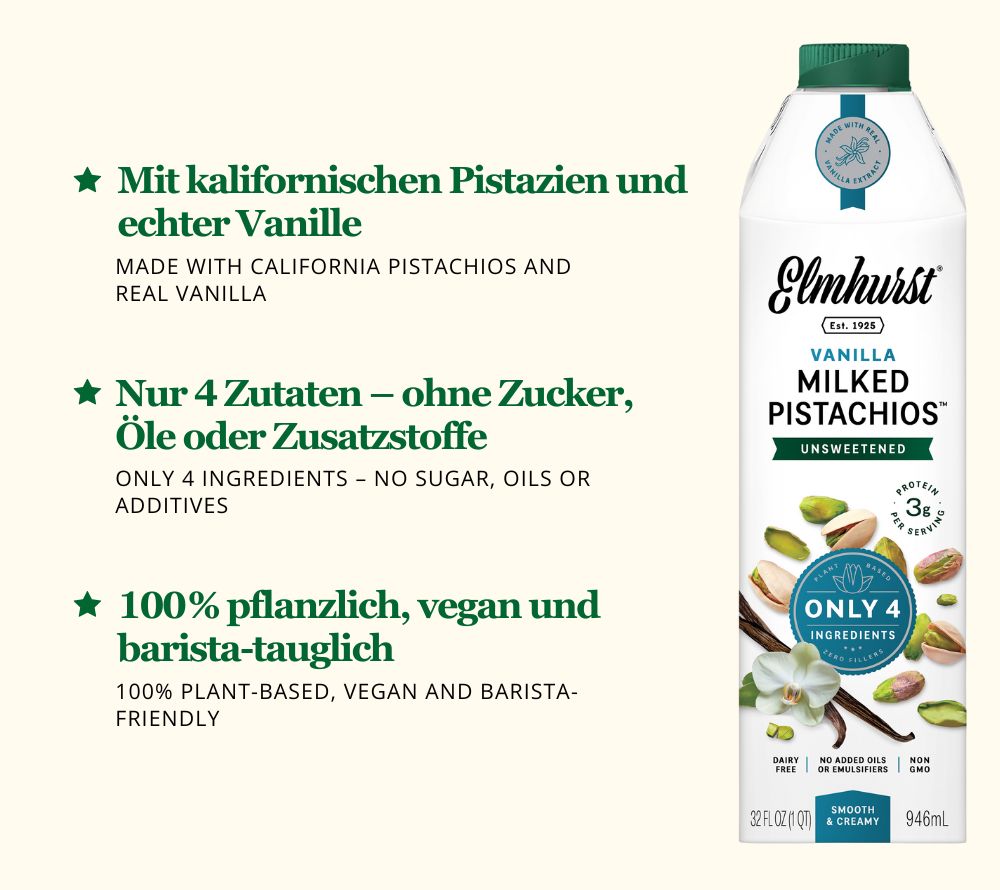Pistazien aus Kalifornien und aromatische Tahitian Vanilla ☆ Nur 4 Zutaten – keine Gums, keine Öle, keine Zusätze ☆ Europaweiter Versand ☆ Jetzt bestellen!