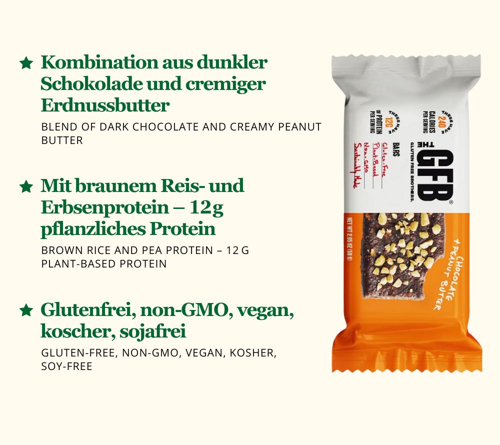 Chocolate Peanut Butter Bar von The Gluten Free Brothers bei American Heritage – vegan, proteinreich & glutenfrei. Der perfekte Snackgenuss.