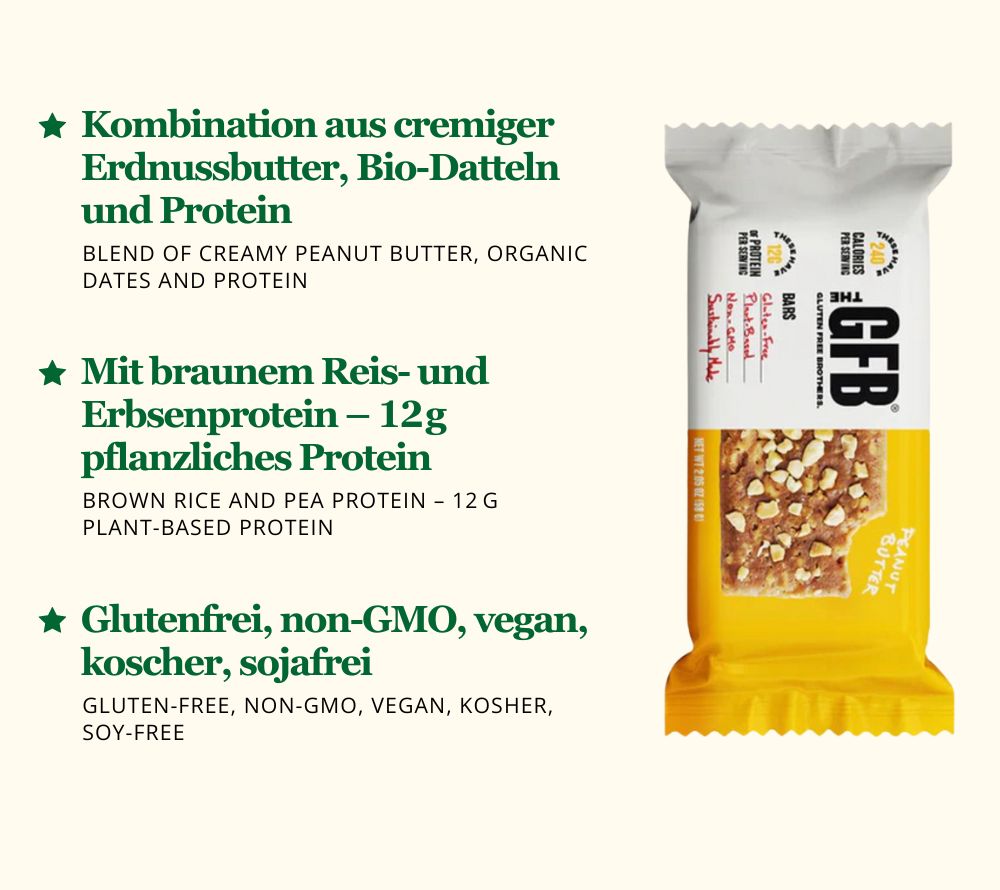 Peanut Butter Bar von The Gluten Free Brothers bei American Heritage – vegan, glutenfrei & proteinreich. Perfekter Snack für Erdnussliebhaber.
