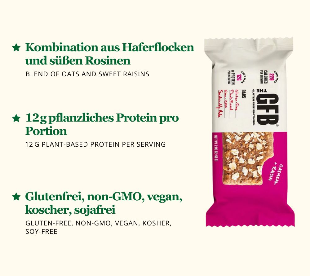 
                  
                    GFB Variety Pack mit 10 Riegeln in fünf Sorten: Oatmeal Raisin, Peanut Butter, Dark Chocolate Peanut Butter, Cranberry Almond und Dark Chocolate Almond. Natürlich, proteinreich und ideal für unterwegs.
                  
                