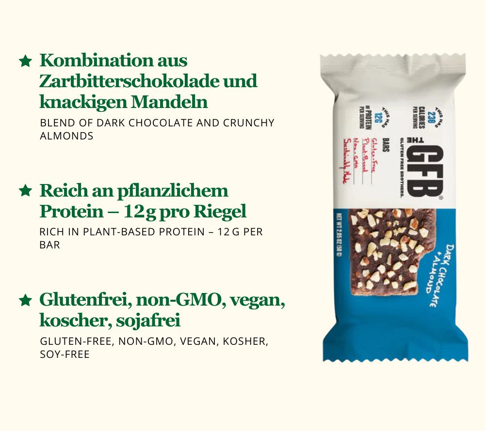 Dark Chocolate Almond Bar von The Gluten Free Brothers bei American Heritage – vegan, proteinreich & glutenfrei. Genuss wie Brownie, gesund verpackt.