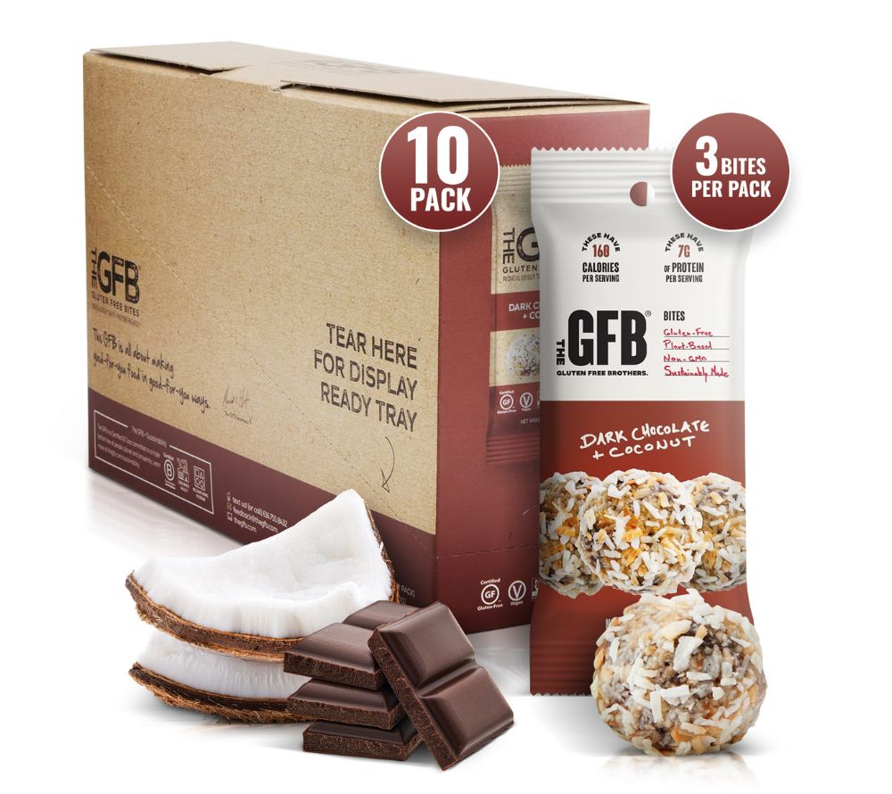 Dark Chocolate Coconut Bites von The Gluten Free Brothers bei American Heritage – vegan, glutenfrei & proteinreich. Perfekter Snackgenuss.