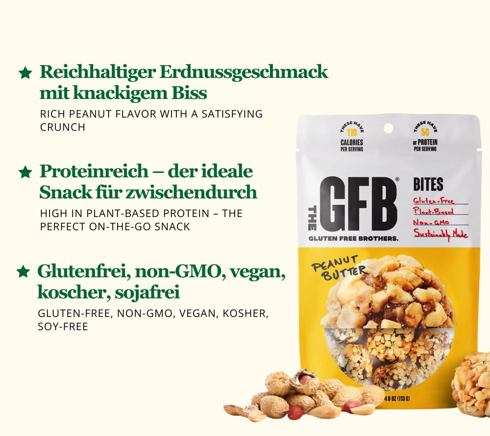 
                  
                    Peanut Butter Bites von The Gluten Free Brothers bei American Heritage – vegan, glutenfrei & proteinreich. Der perfekte Snack für Erdnussliebhaber.
                  
                