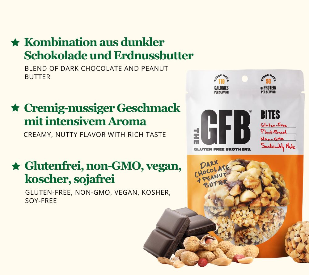 Dark Chocolate Peanut Butter Bites von The Gluten Free Brothers bei American Heritage – vegan, glutenfrei & proteinreich. Ein gesunder Snackgenuss.