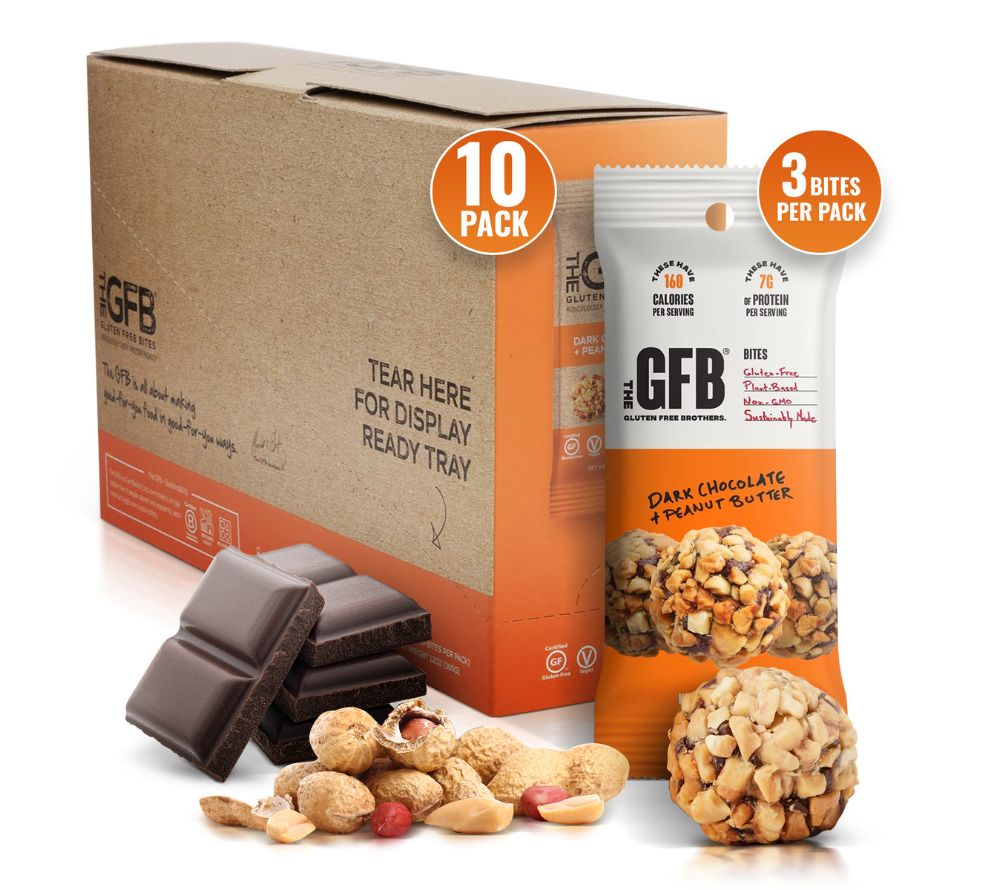 Dark Chocolate Peanut Butter Bites von The Gluten Free Brothers bei American Heritage – vegan, glutenfrei & proteinreich. Ein gesunder Snackgenuss.