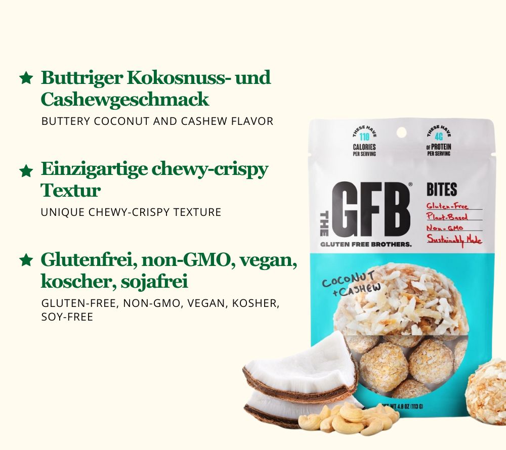 Coconut Cashew Bites von The Gluten Free Bar bei American Heritage – glutenfrei, vegan & köstlich buttrig mit Kokosnuss und Cashew.