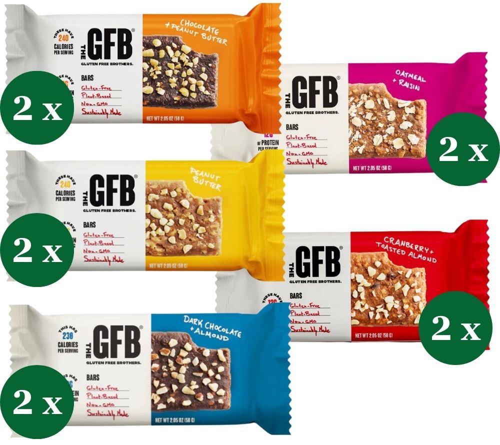 
                  
                    GFB Variety Pack mit 10 Riegeln in fünf Sorten: Oatmeal Raisin, Peanut Butter, Dark Chocolate Peanut Butter, Cranberry Almond und Dark Chocolate Almond. Natürlich, proteinreich und ideal für unterwegs.
                  
                
