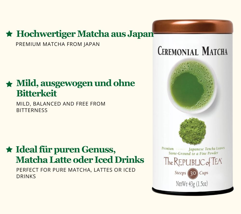 Ceremonial Matcha Tea: Hochwertiger Matcha aus Japan. Mild, pflanzlich-süß & fein gemahlen – ideal für Teezeremonie, Latte & Iced Matcha. Jetzt bestellen!
