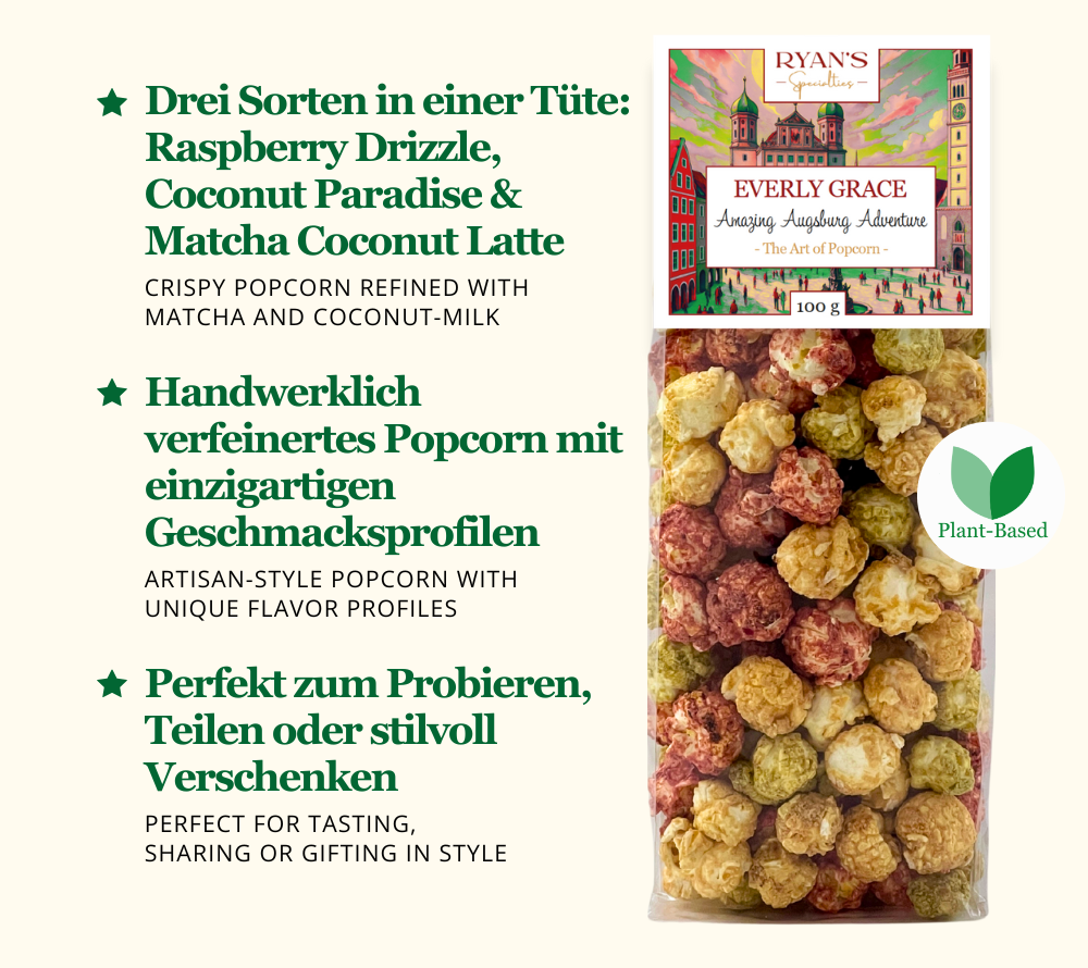 Popcorn mit Himbeer-, Matcha- und Kokosnussgeschmack ☆ Handwerklich verfeinertes Popcorn ☆ Ideal als Mitbringsel, zum Teilen & genießen ☆ Jetzt bestellen!
