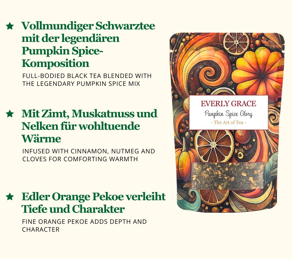Pumpkin Spice Glory Tea ✓ Vollmundiger Schwarztee mit Pumpkin Spice-Gewürzen ✓ Mit Zimt, Muskat, Nelken & Orange Pekoe ✓ Europaweiter Versand ✓ Jetzt kaufen!