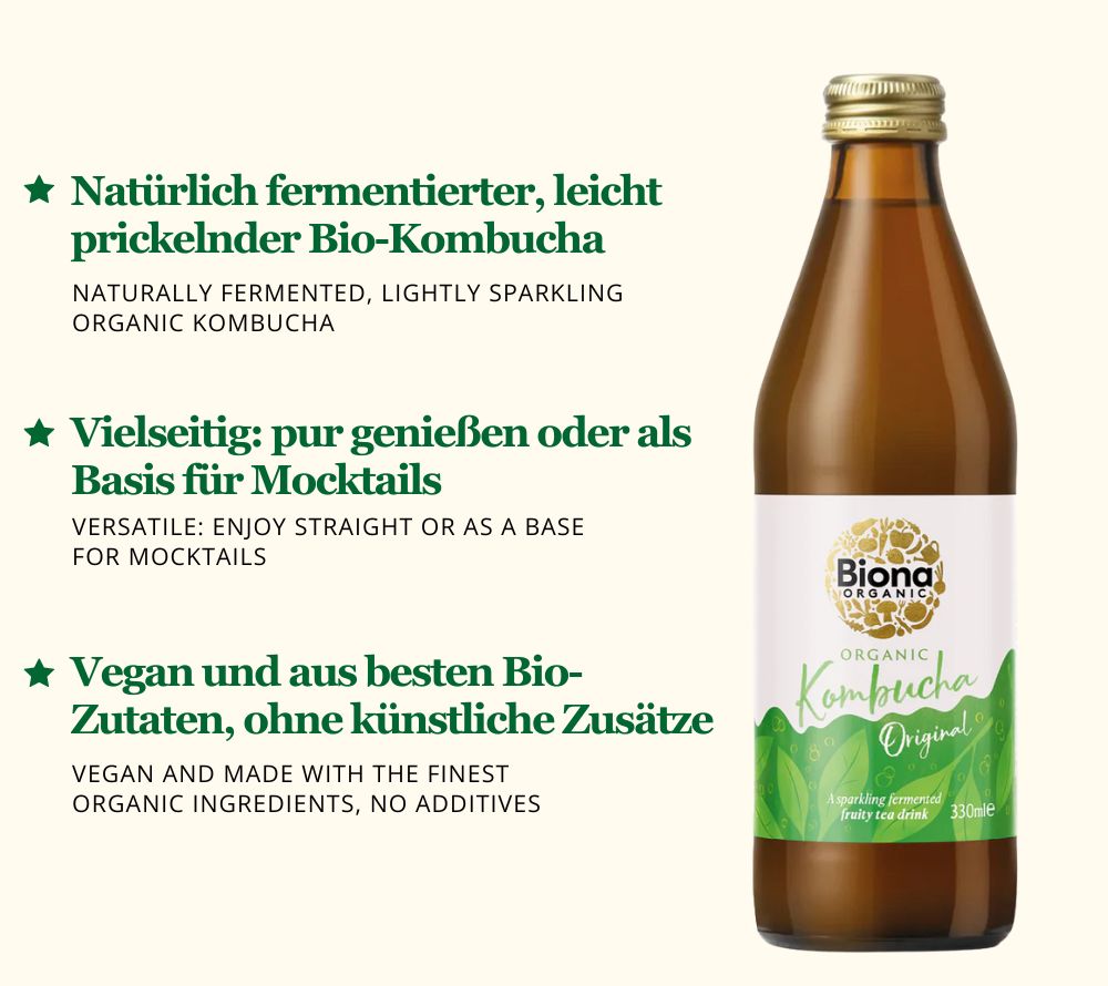 
                  
                    ☆ Biona Kombucha Original – erfrischender fermentierter Tee ☆ Fein prickelnd, dezent süß und angenehm herb ☆ Hergestellt aus besten Bio-Zutaten und lebendiger SCOBY-Symbiose ☆ Perfekt pur oder als spritziger Mocktail ☆ Natürlich, vegan und leicht ☆
                  
                