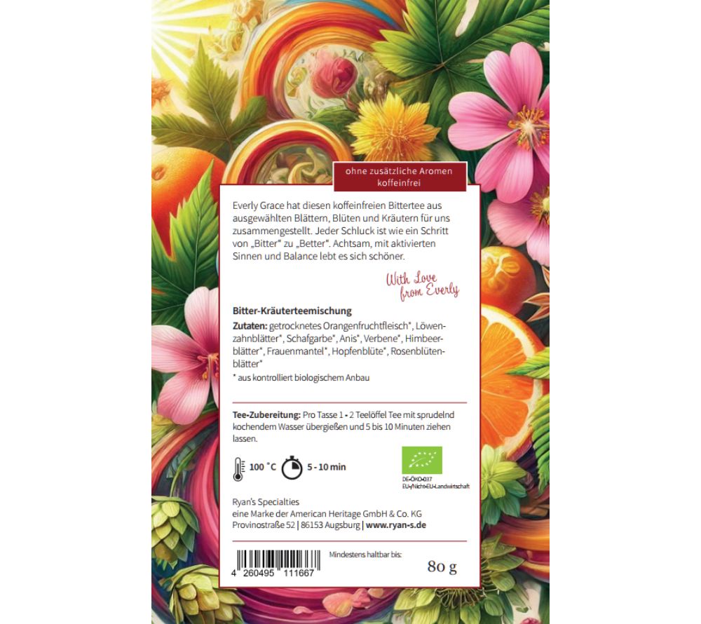 
                  
                    Entdecke Everly Grace Bitter to Better Tee – feine Kräutermischung mit Orange, Blüten & aromatischen Kräutern. Zart-bitter, wohltuend und perfekt für bewusste Auszeiten.
                  
                