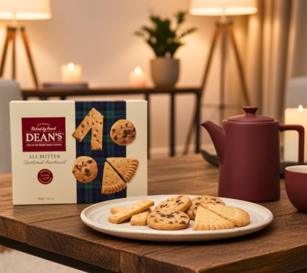 Dean’s All Butter Shortbread Assortment – zarte Butterfinger, Petticoat Tails & Chocolate Chip Rounds, handgebacken für ein schmelzendes Geschmackserlebnis.
