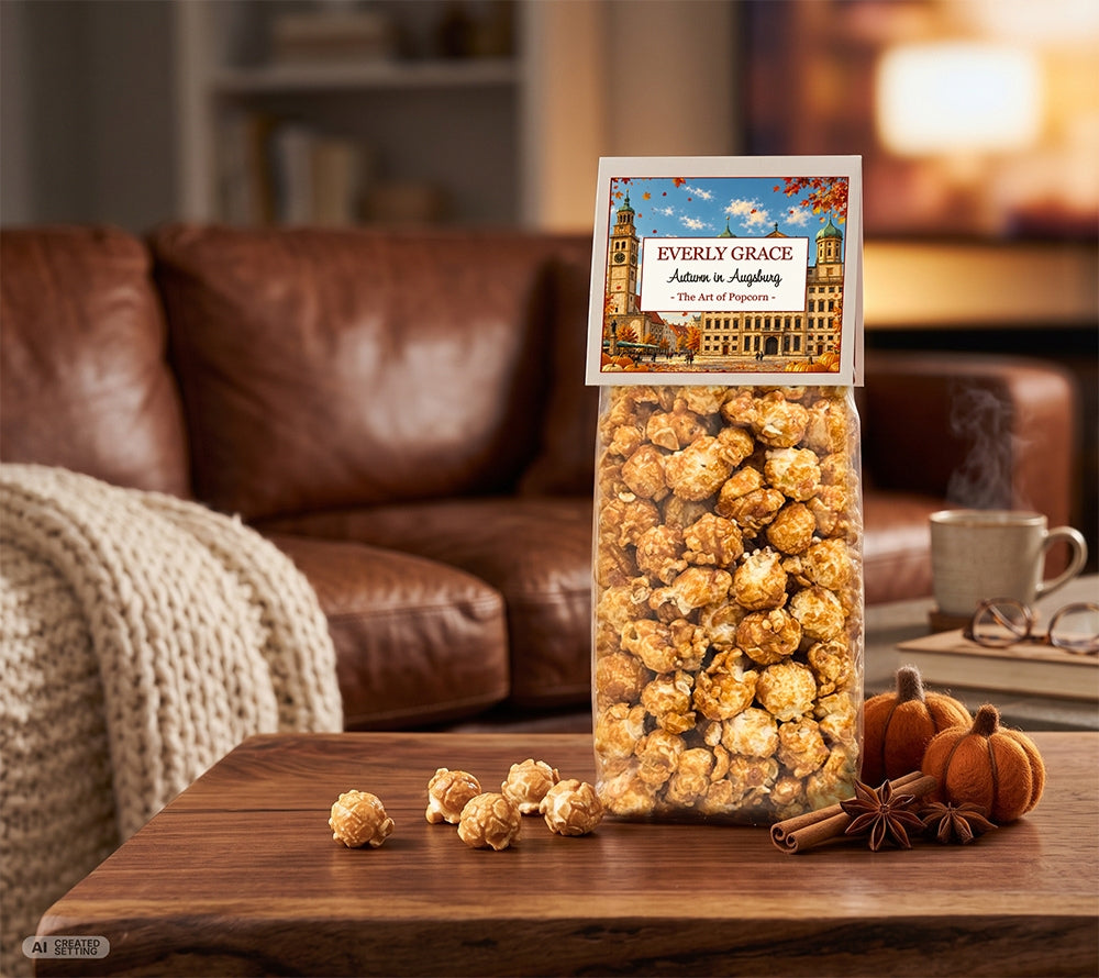 Handveredeltes Karamellpopcorn mit goldbrauner Glasur in transparenter Tüte in einem gemütlichen Wohnzimmer