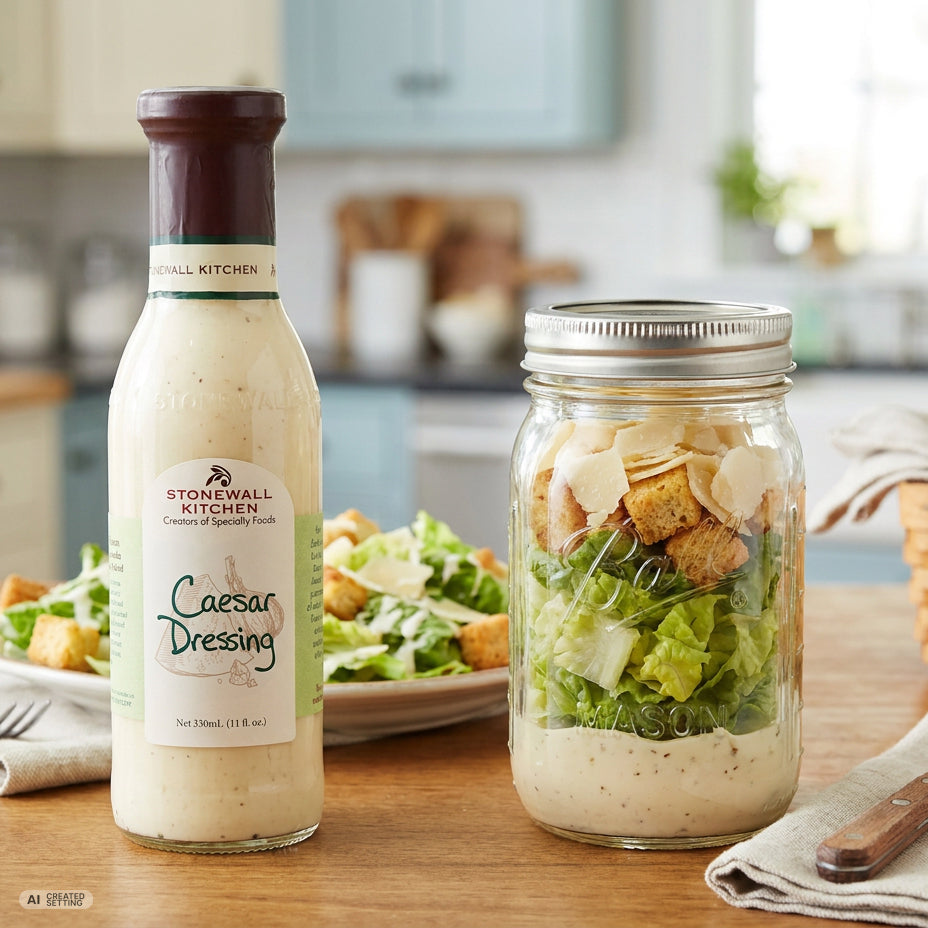 Cremiges Caesar Dressing von Stonewall Kitchen mit Parmesan, Knoblauch und Dijon-Senf – perfekt für Salate, Pasta, Wraps und kreative Gerichte.