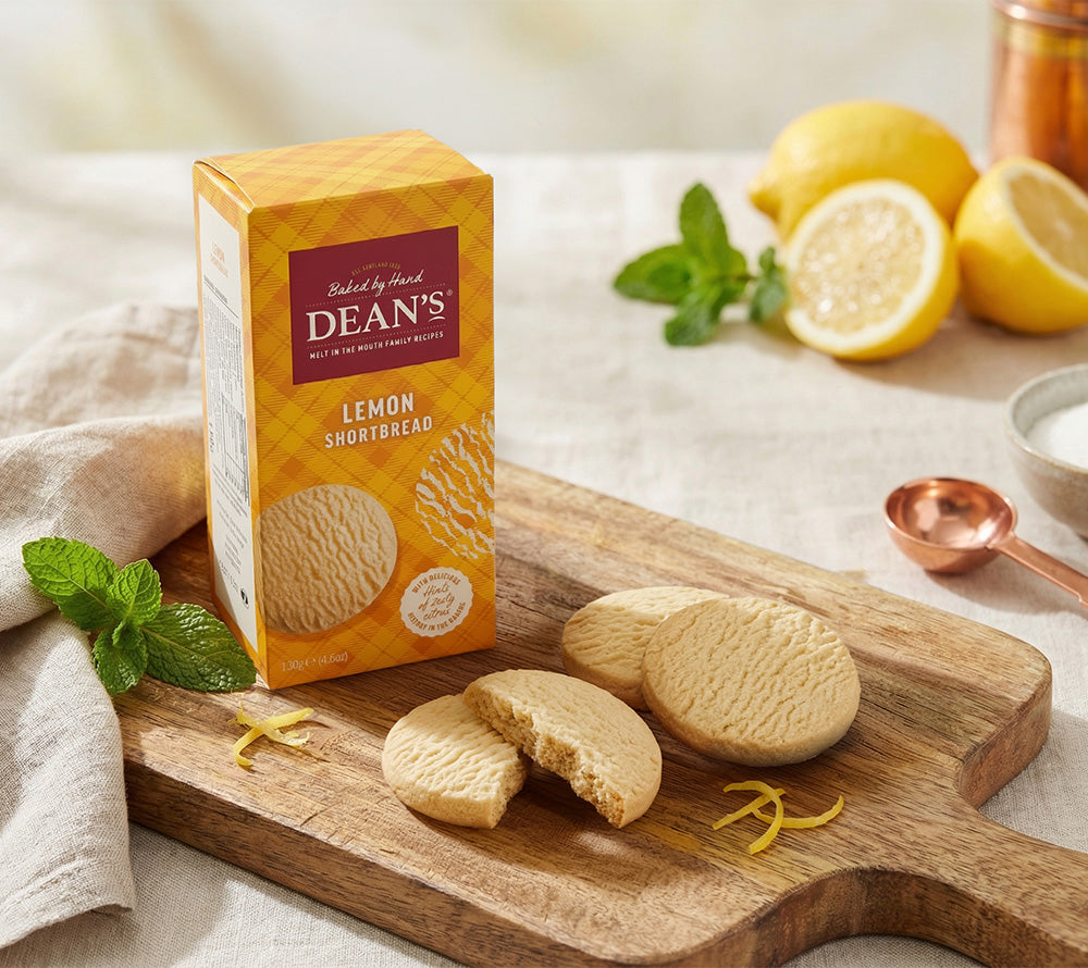 Dean's Lemon Shortbread Dose und Kekse auf Schneidebrett mit ganzen Zitronen, Zitronenschalen, Minzblättern, Salzschale und Löffel, kupferner Becher im Hintergrund – zitronig‑frischer Lifestyle‑Shot.