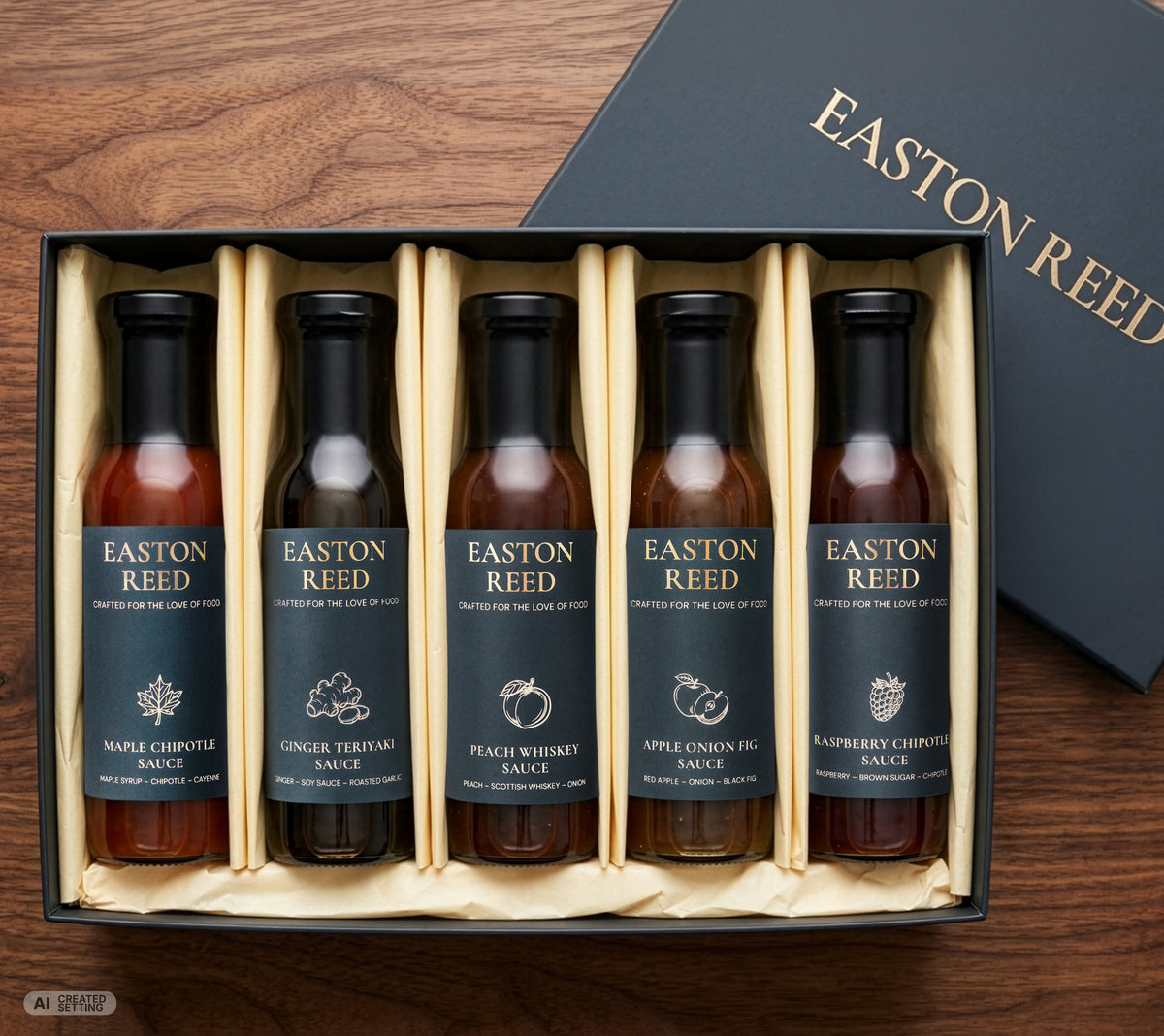 Geschenkset von Easton Reed mit 5 Feinkost-Saucen im Geschenkkarton