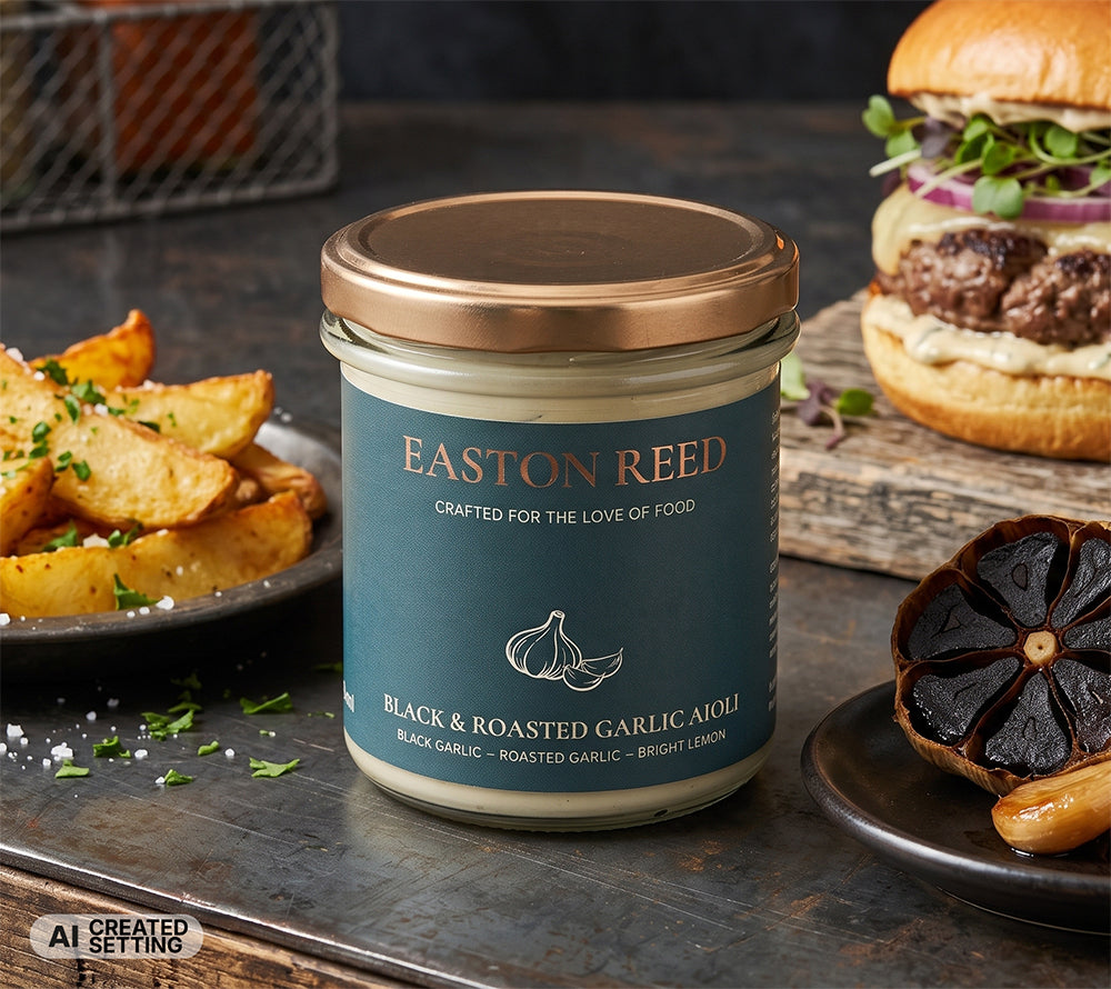 Easton Reed Black & Roasted Garlic Aioli – cremige Sauce mit schwarzem & geröstetem Knoblauch & Zitrone. Perfekt zu Burgern, Pommes, BBQ & Grillgerichten.