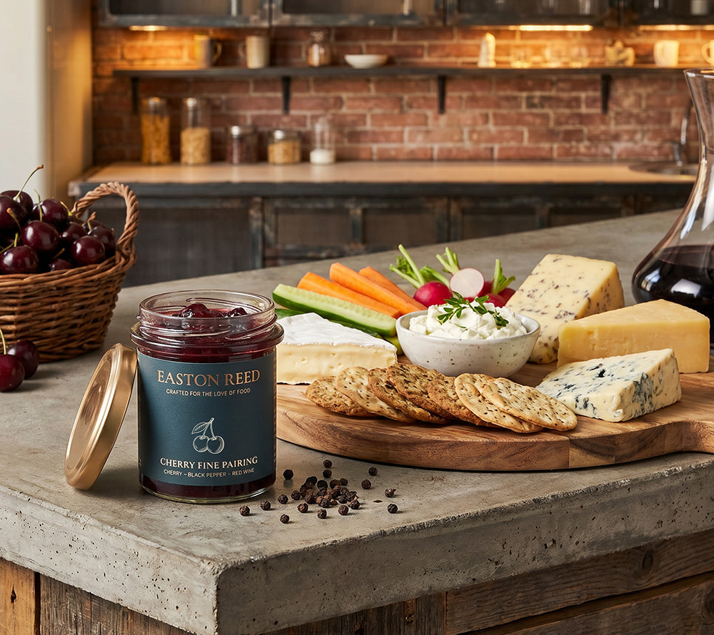 Cherry Black Pepper Red Wine Fine Pairing im Glas mit Käse, dunklem Brot und Rotwein serviert.