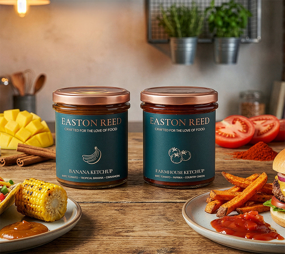 Zwei dekorative Gläser Easton Reed Ketchup auf einem Holztisch: Links der gelblich-braune Banana Ketchup mit Bananen-Illustration, rechts der rote Farmhouse Ketchup mit Tomaten-Illustration. Im Vordergrund sind angerichtete Speisen wie gegrillter Mais, Tacos und Pommes frites mit Ketchup-Dips zu sehen.