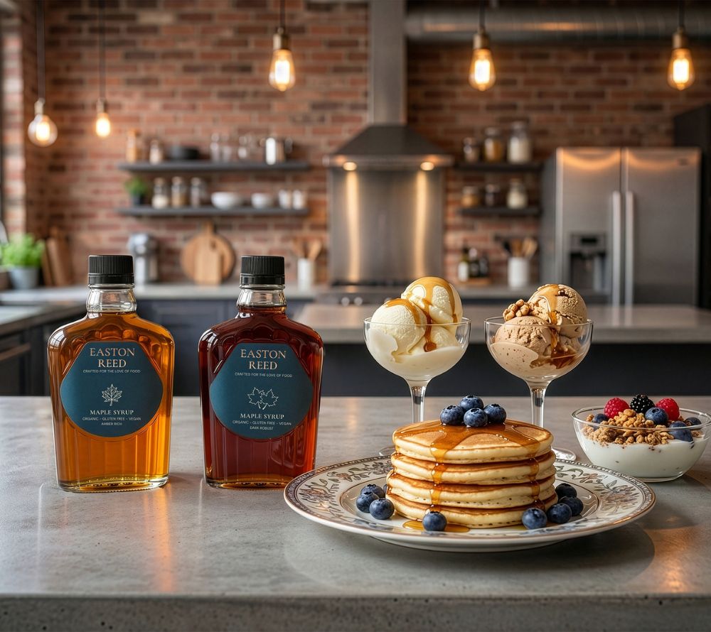 Bio-Ahornsirup Dark Robust Taste von Easton Reed – intensiver Maple Syrup mit kräftigem Aroma für Pancakes, Desserts, BBQ und kreative Rezepte.