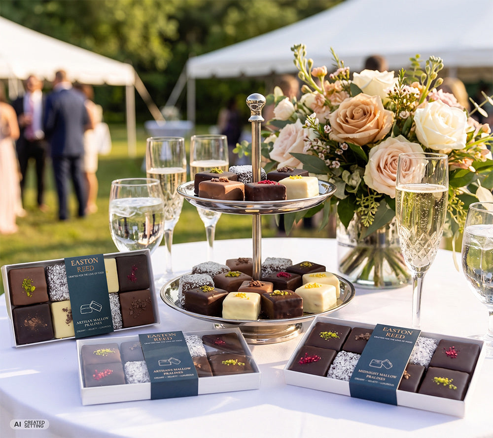 Easton Reed Mallow Pralines als Hochzeits-Pralinen auf einem geschmückten Tisch mit Sektgläsern
