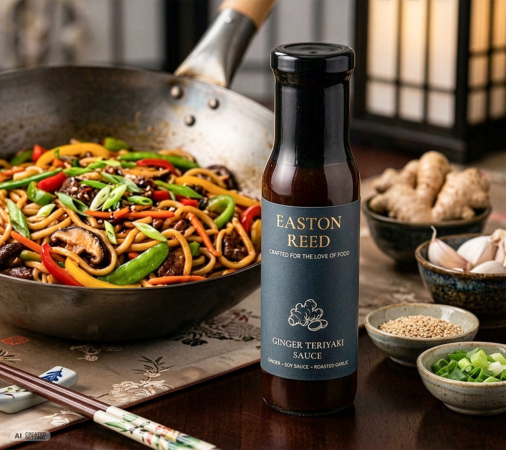 Easton Reed Ginger Teriyaki Sauce im Vordergrund, angerichtet mit gebratenen Nudeln, buntem Gemüse, Pilzen und Sesam in einer asiatisch inspirierten Kochszene.