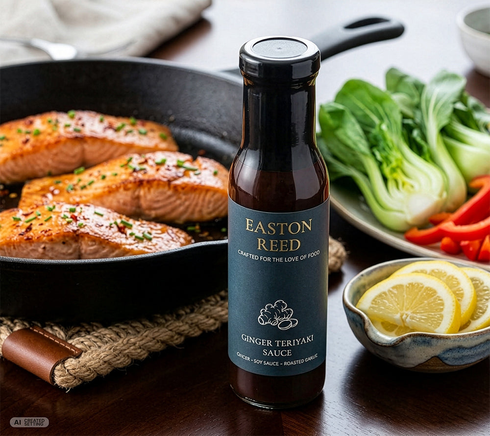 Easton Reed Ginger Teriyaki Sauce neben gebratenem Lachs, Pak Choi, Paprika und Zitronenscheiben auf einem gedeckten Küchentisch.