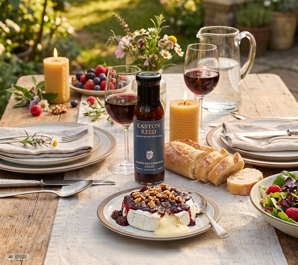 Easton Reed Raspberry Chipotle Sauce auf festlich gedecktem Tisch mit Camembert, Brot, Salat und Beeren