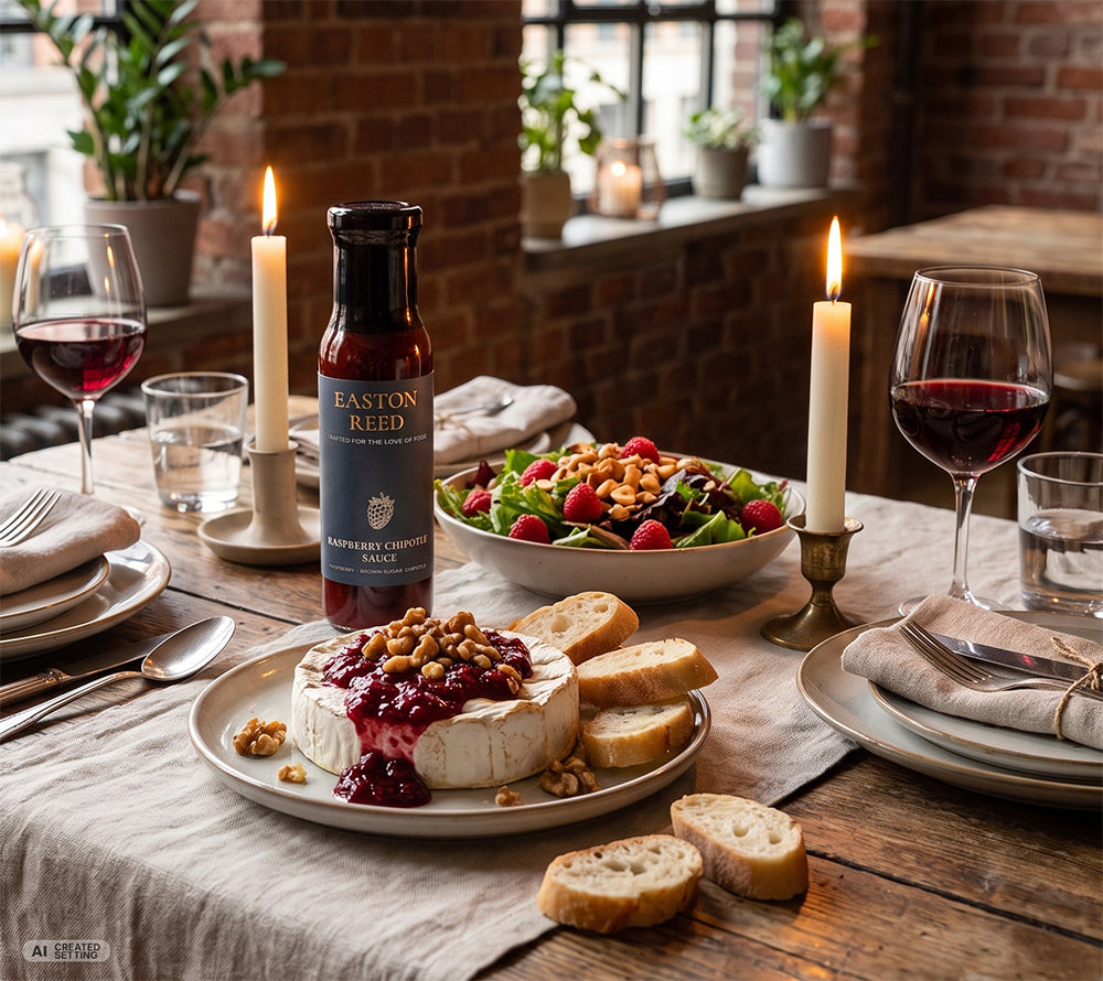 Easton Reed Raspberry Chipotle Sauce mit gebackenem Camembert, Walnüssen, Brot und frischem Salat