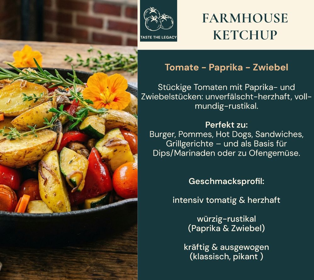 Easton Reed Farmhouse Ketchup: Klassischer Ketchup aus reifen Tomaten mit ausgewogener Würze – ehrlich, vielseitig und ideal für Burger, Pommes & Grillgerichte.