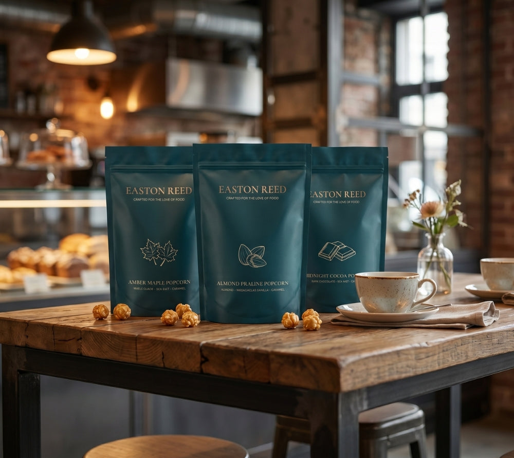 Drei elegante Easton Reed Gourmet Popcorn Tüten auf einem rustikalen Holztisch: Amber Maple Popcorn, Almond Praline Popcorn und Midnight Cocoa Popcorn mit dunkler Schokolade. Premium Genussprodukte in edler Produktpräsentation.