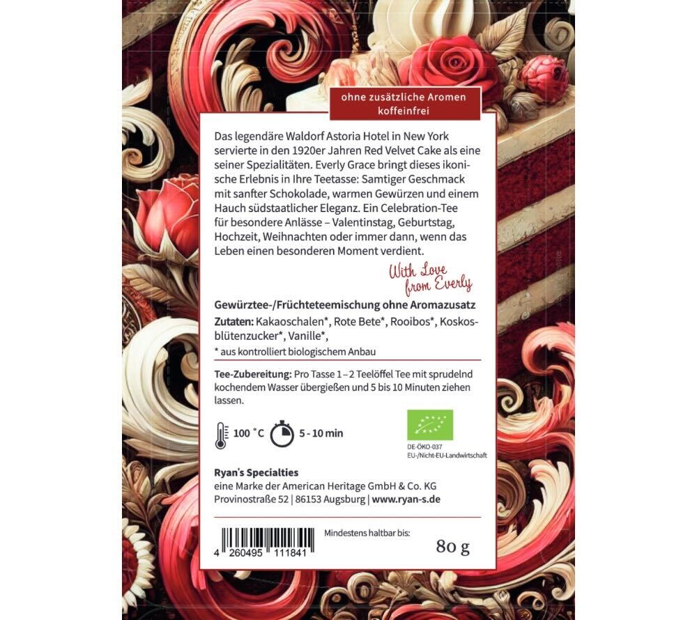 Bio Red Velvet Cake Tea von Everly Grace – samtiger Tee mit Kakao & warmen Gewürzen, inspiriert vom Waldorf Astoria Klassiker. Lose & ohne Aromen. Jetzt bestellen!