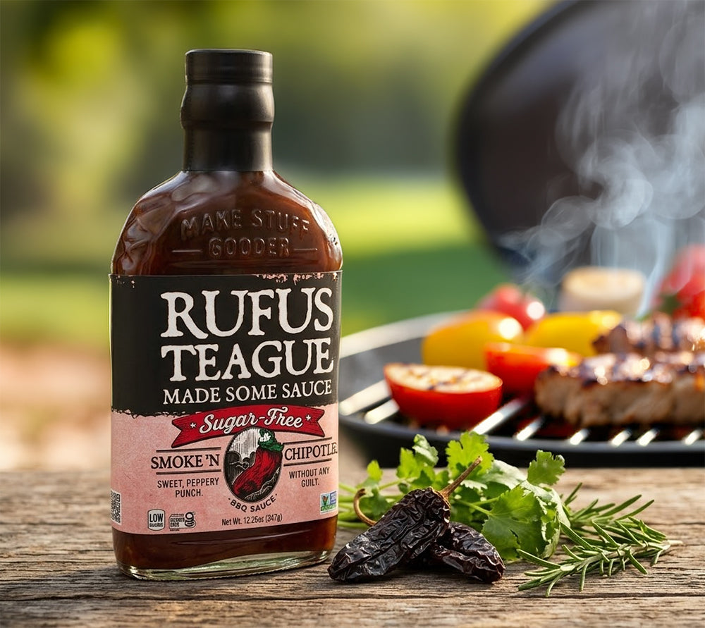 Rufus Teague Sugar-Free Smoke ’N Chipotle BBQ Sauce Flasche neben Grill mit gegrilltem Gemüse, Rosmarin und Chipotle‑Chilis auf rustikalem Holz.