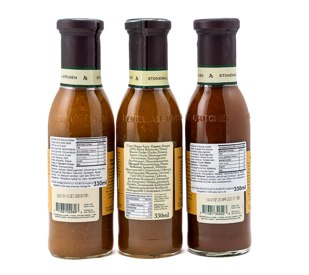 Fruchtiges BBQ-Geschenkset von Stonewall Kitchen mit Hawaiian, Mango Curry & Apfel Sauce. Ideal zum Grillen, Marinieren & Verschenken – Jetzt entdecken!