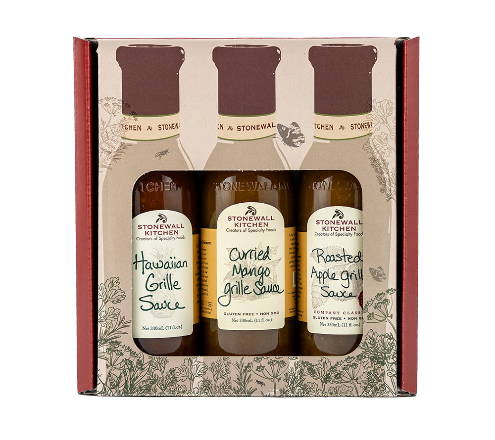 Fruchtiges BBQ-Geschenkset von Stonewall Kitchen mit Hawaiian, Mango Curry & Apfel Sauce. Ideal zum Grillen, Marinieren & Verschenken – exotisch, vielseitig & aromatisch.
