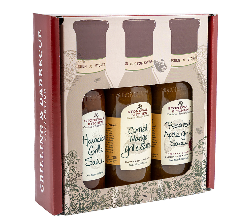 Fruchtiges BBQ-Geschenkset von Stonewall Kitchen mit Hawaiian, Mango Curry & Apfel Sauce. Ideal zum Grillen, Marinieren & Verschenken – exotisch, vielseitig & aromatisch.