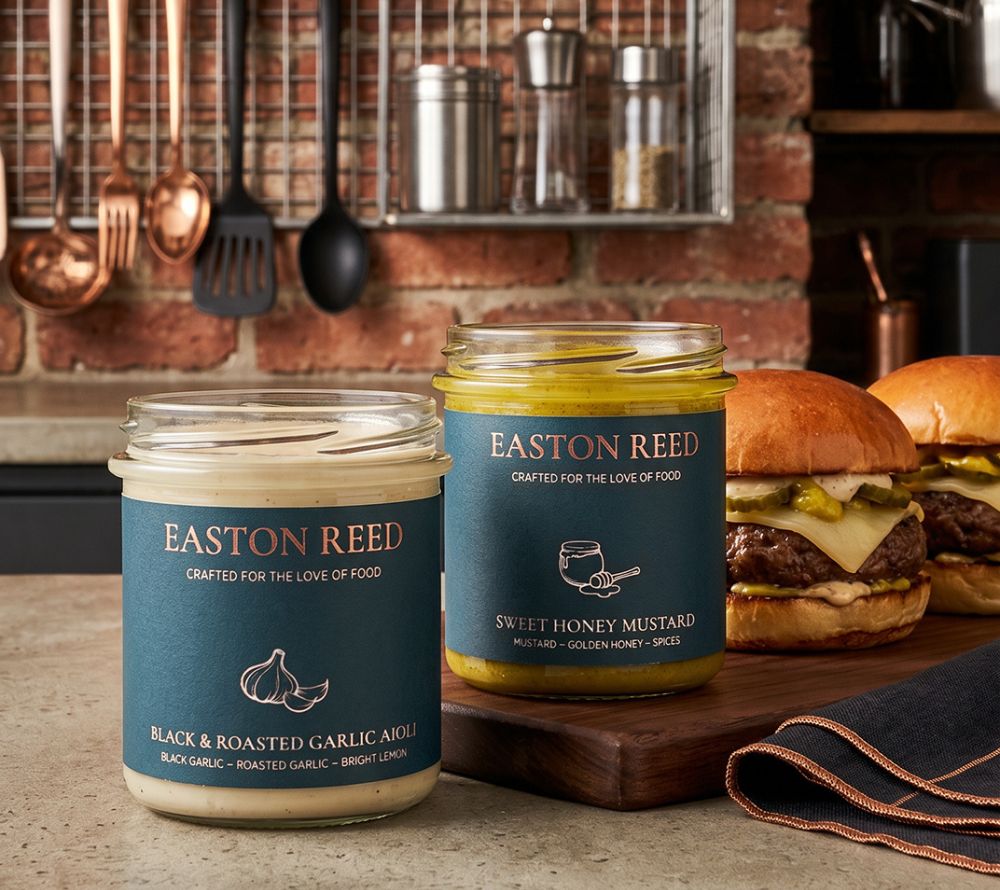 Sweet Honey Mustard und Black & Roasted Garlic Aioli von Easton Reed zu Burgern, Bowls, Salaten und mehr